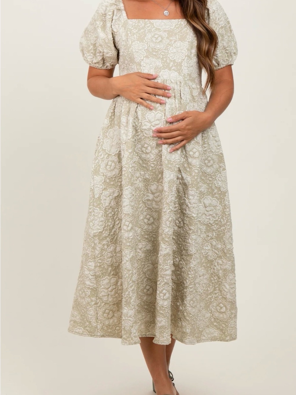 In February Floral Jacquard Knit Puff-Sleeve Maternity Midi Dress Pockets Large